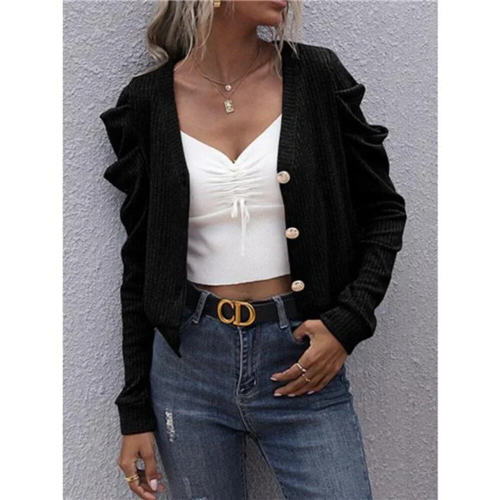 Ribbed V-Neck Button-Up Cardigan - Picture 6 of 7